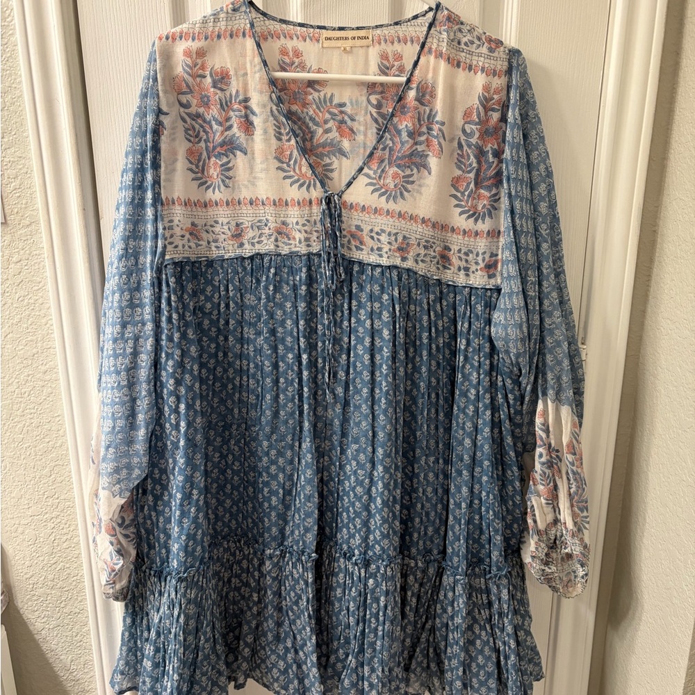 Daughters of India Blue and Cream Floral Mini Dress